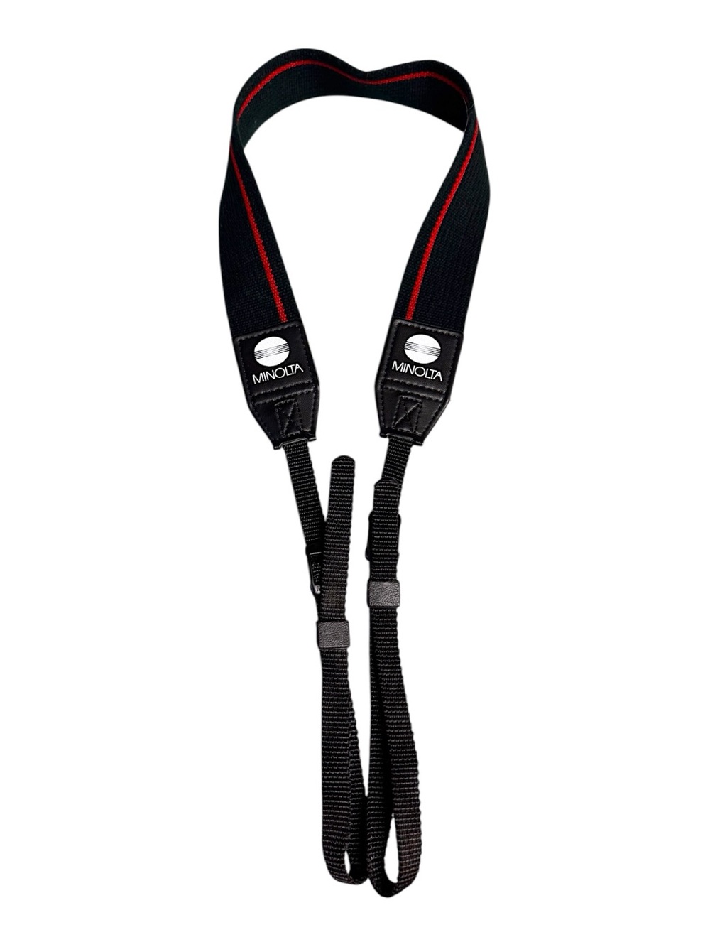 Minolta Late 70’s SLR Black & Red Canvas & Leatherette Camera Neck Strap Vintage